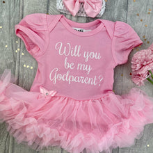 Load image into Gallery viewer, Will You Be My Godparent? Baby Girl Tutu Romper With Matching Bow Headband
