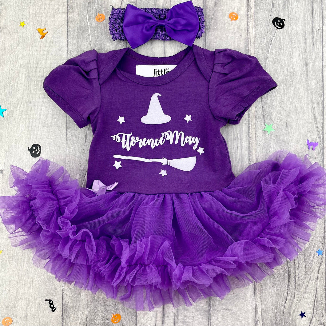 Personalised Witch Hat And Broom Baby Girl Halloween Tutu Romper With Matching Bow Headband