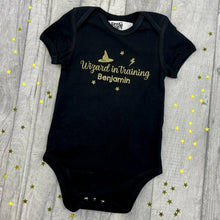 Load image into Gallery viewer, WORLD BOOK DAY! Personalised Harry Potter Baby Boy, Wizard in Training Short Sleeve Romper
