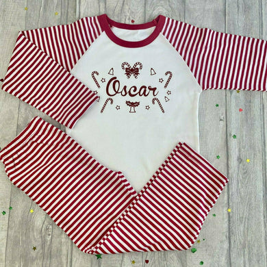 Personalised Red & White Stripe Christmas Pyjamas, Red Glitter Design