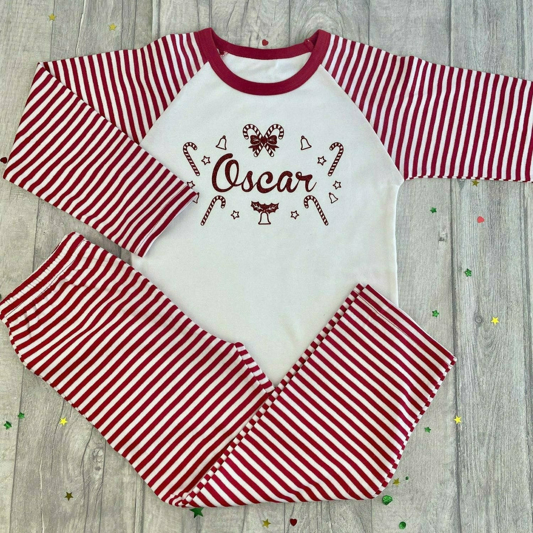 Personalised Red & White Stripe Christmas Pyjamas, Red Glitter Design