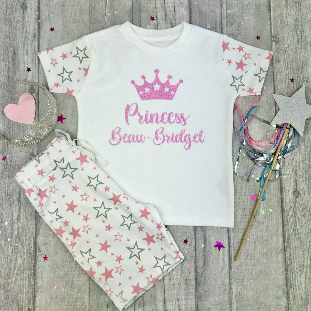 Personalised Princess Pink Star Print Girls Pyjama Set, Girls Short PJs