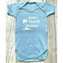 Load image into Gallery viewer, Personalised First Holiday blue baby boy romper
