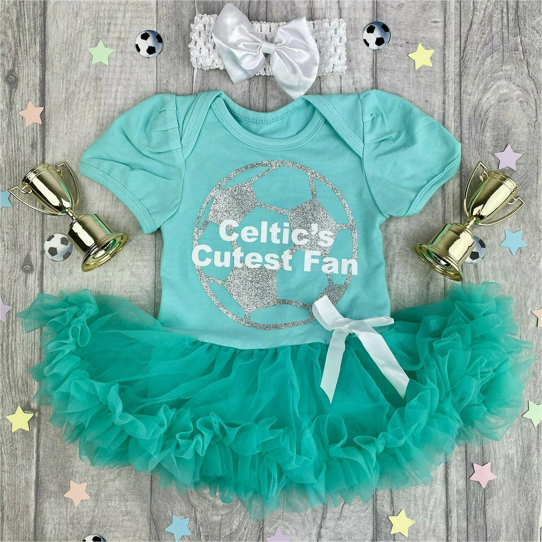 Celtic's, The Bhoys Cutest Fan Tutu Romper featuring silver football design with white text and matching white headband with clip bow