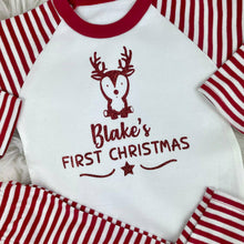 Load image into Gallery viewer, First Christmas Reindeer Red &amp; White Stripe Children&#39;s Personalised Christmas Pyjamas, Boys &amp; Girls - Little Secrets Clothing
