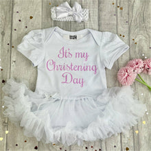 Load image into Gallery viewer, &#39;It&#39;s My Christening Day&#39; Baby Girl, Tutu Romper With Matching Bow Headband
