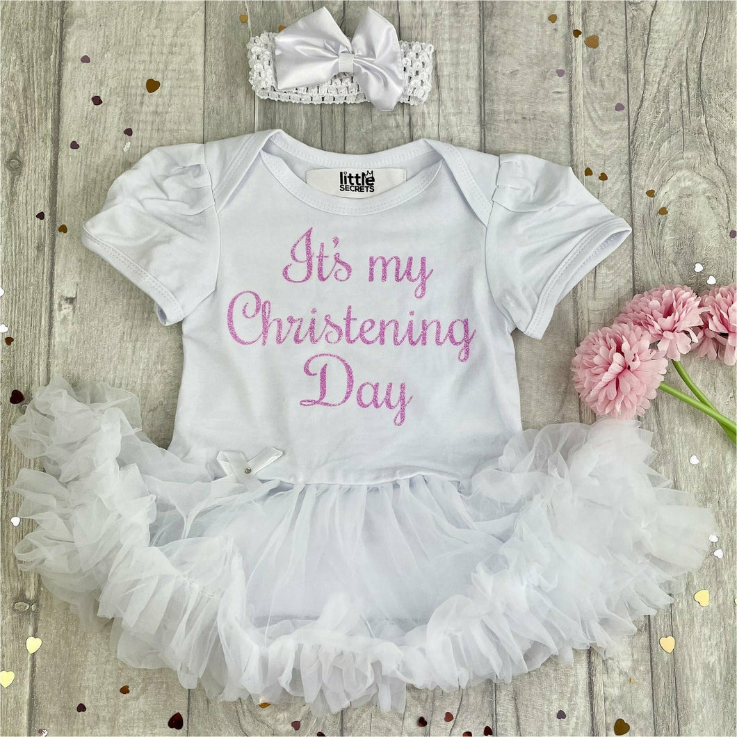 'It's My Christening Day' Baby Girl, Tutu Romper With Matching Bow Headband