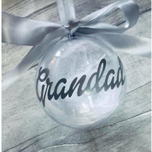 Load image into Gallery viewer, Grandad Christmas Personalised Bauble filled with white feathers
