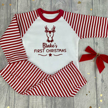 Load image into Gallery viewer, First Christmas Reindeer Red &amp; White Stripe Children&#39;s Personalised Christmas Pyjamas, Boys &amp; Girls - Little Secrets Clothing
