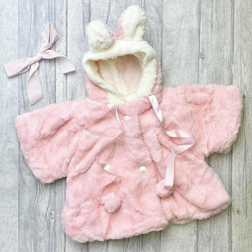 Baby Girl Bunny Ears Fur Cape in White or Pink 
