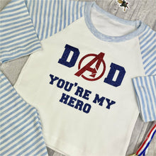 Load image into Gallery viewer, &#39;Dad You&#39;re My Hero&#39; Blue and White Stripe Boys Pyjamas With Navy Blue and Red Glitter Text, Avengers Design
