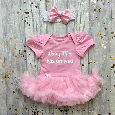 Personalised 'Has Arrived' Newborn Baby Girl Tutu Romper With Matching Bow Headband