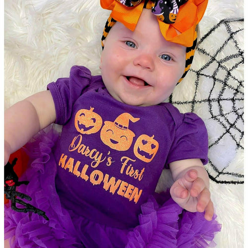 Baby Girl's Personalised Pumpkin First Halloween Tutu Romper & Pumpkin Bow Headband - Little Secrets Clothing