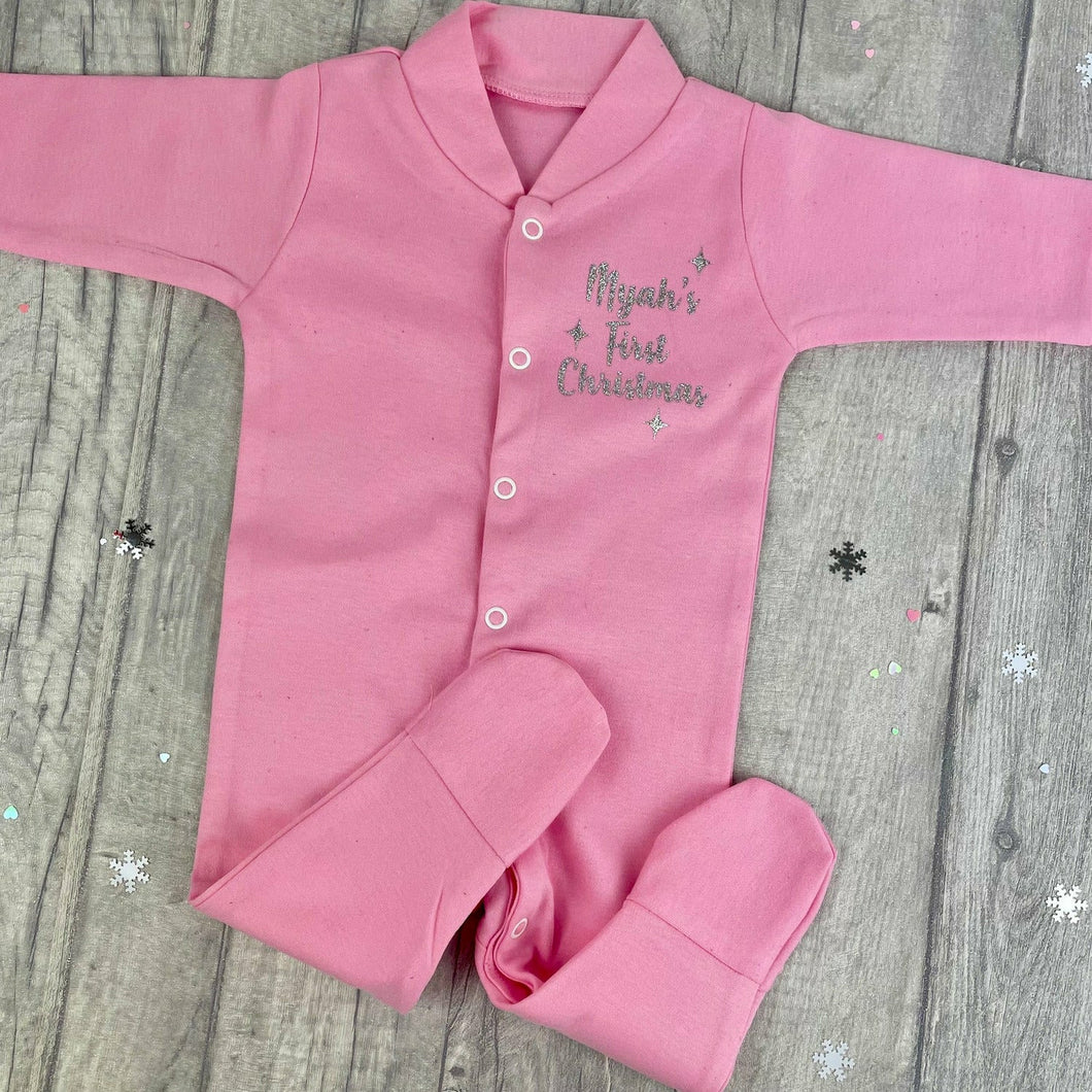 First Christmas Baby Boys & Girls Sleepsuit, Personalised Silver Star Christmas Pyjamas