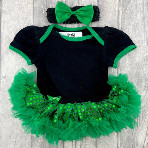 Plain Black and Green Baby Girl Tutu Romper with Matching Headband - Little Secrets Clothing