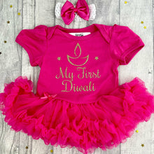 Load image into Gallery viewer, My First Diwali Baby Girl&#39;s Tutu Romper With Matching Bow Headband, Gold Glitter Diya/ Candle Design - Little Secrets Clothing
