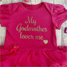 Load image into Gallery viewer, &#39;My Godmother Loves Me&#39; Baby Girl Tutu Romper With Matching Bow Headband, Gold Glitter Design
