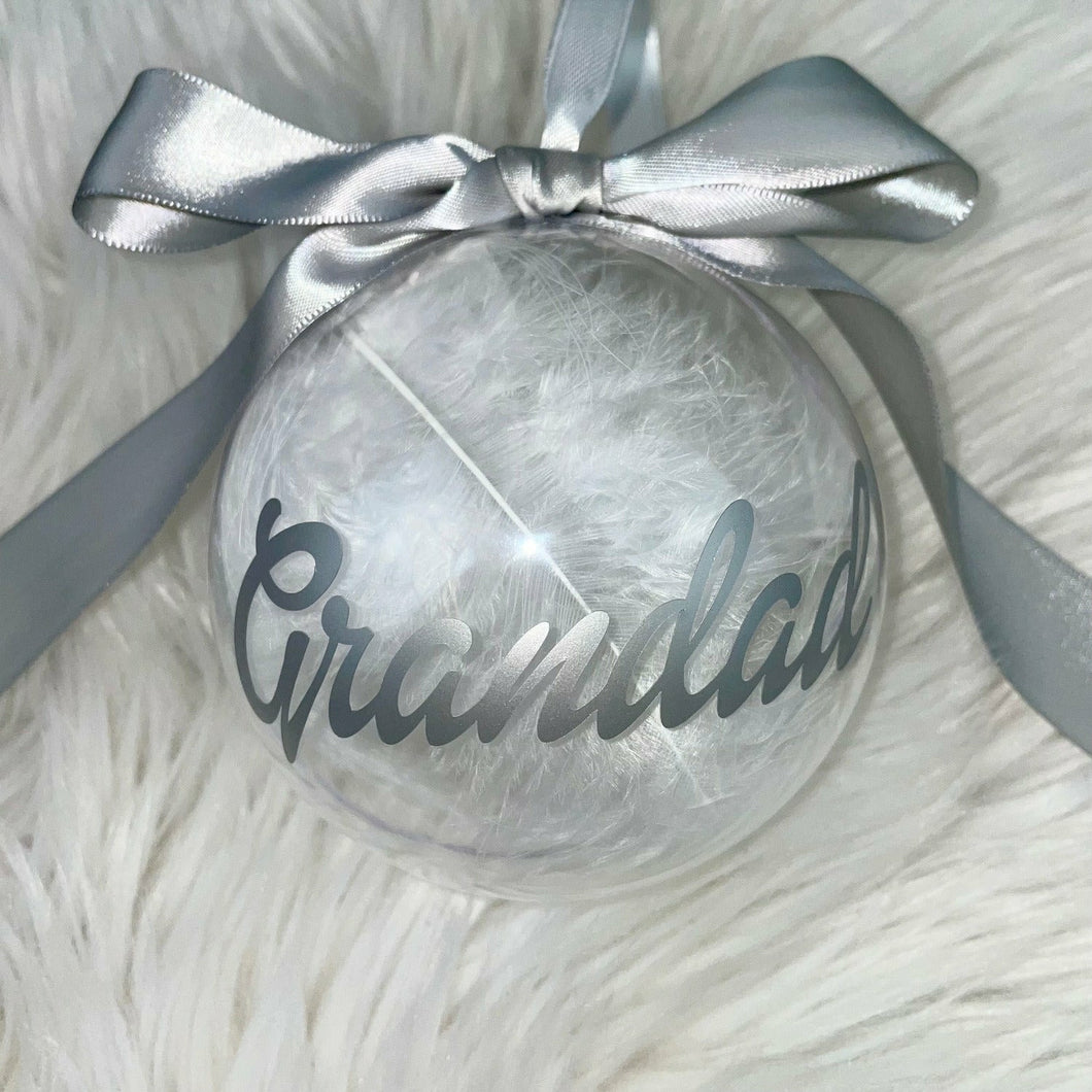 Personalised Christmas Family Member Bauble filled with white feathers