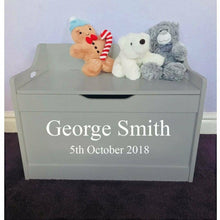Load image into Gallery viewer, Personalised Birthday Baby Girl or Boy grey toddler wooden Toy Storage Box
