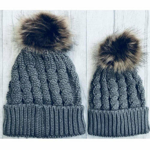 Matching Mother and Baby Hat Set, Autumn and Winter Grey Bobble Hats