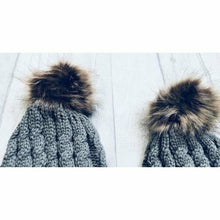 Load image into Gallery viewer, Matching Mother and Baby Hat Set, Autumn and Winter Grey Bobble Hats
