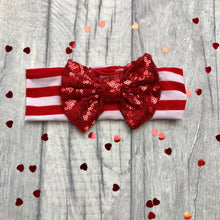 Load image into Gallery viewer, Baby Girl Red Striped Headband with Red or Green Sequin Glitter Bow
