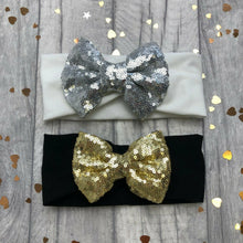 Load image into Gallery viewer, Baby Girl Black or White Striped Headband with Gold or Silver Sequin Glitter Bow
