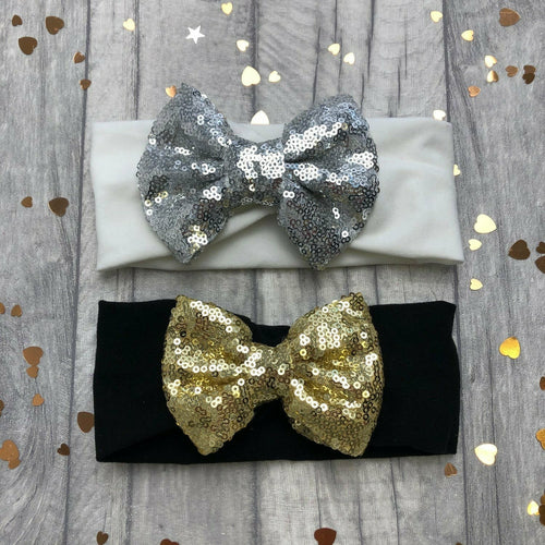 Baby Girl Black or White Striped Headband with Gold or Silver Sequin Glitter Bow