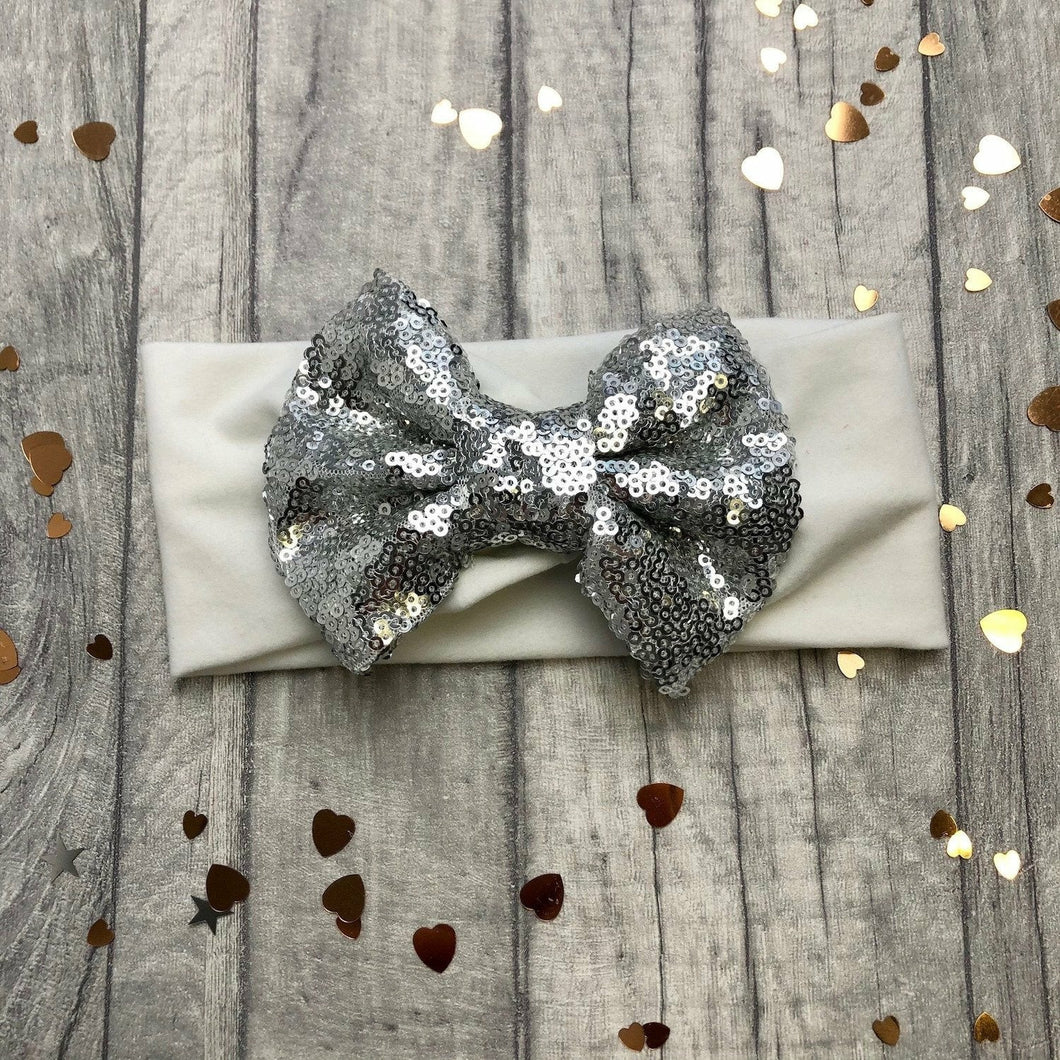Baby Girl White Headband with Silver Sequin Glitter Bow