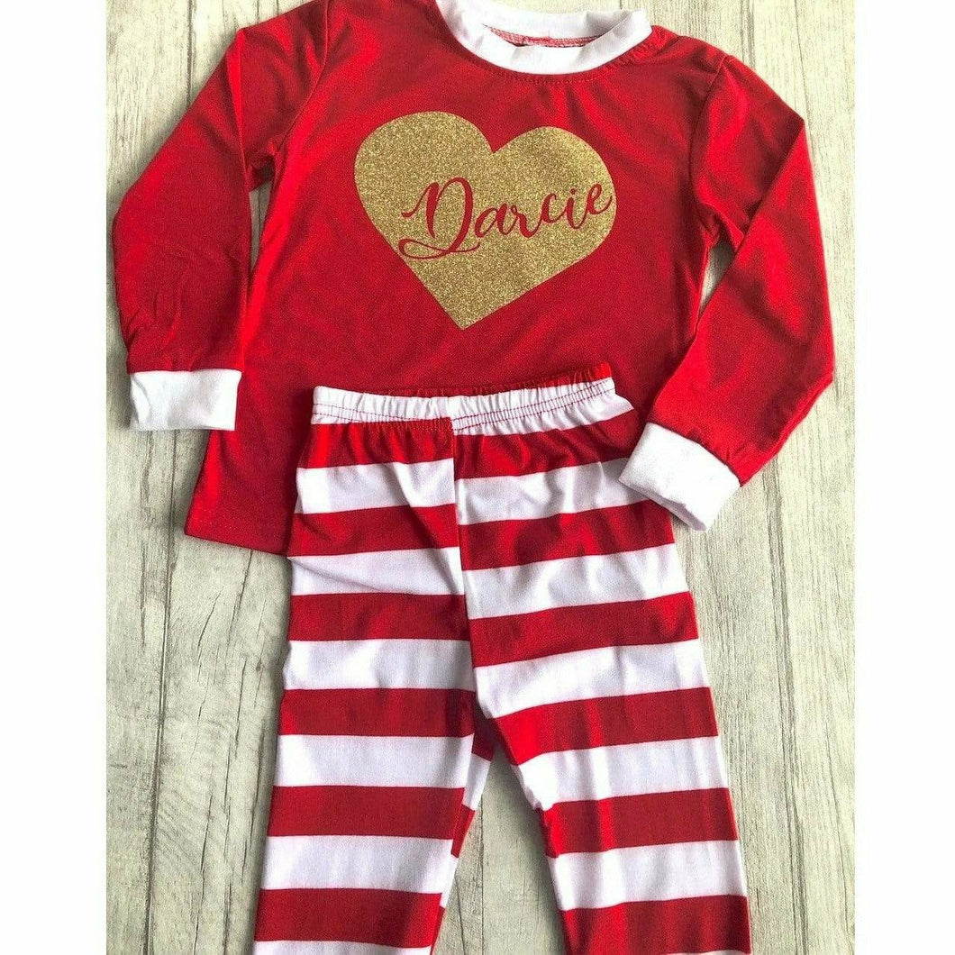 Personalised heart red and white little girls & boys Christmas Pyjamas