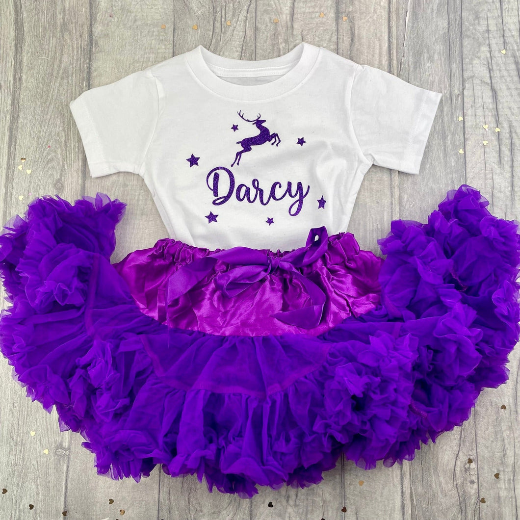 Girls Personalised Christmas Purple Boutique Set, Reindeer Design - Little Secrets Clothing