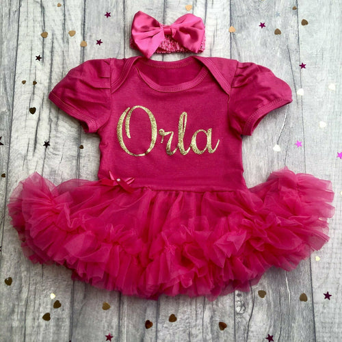 Personalised Name Gold Glitter Baby Girl Tutu Romper With Matching Bow Headband