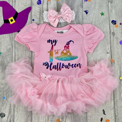 Rainbow Baby Girl 1st Halloween Witch Hat Pink Tutu Romper With Matching Bow Headband 