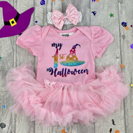 Baby Girl 1st Halloween Witch Hat Tutu Romper With Matching Bow Headband - Little Secrets Clothing
