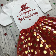 Load image into Gallery viewer, Baby Girl’s Personalised 1st Christmas Long Sleeve White Romper and Red Tutu Skirt, Red Glitter Santa Design
