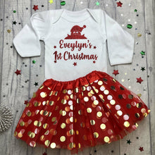 Load image into Gallery viewer, Baby Girl’s Personalised 1st Christmas Long Sleeve White Romper and Red Tutu Skirt, Red Glitter Santa Design
