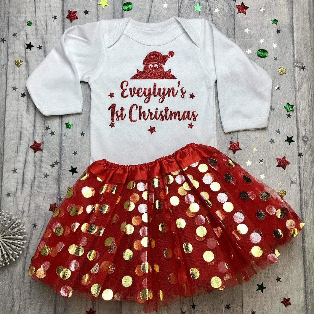 Baby Girl’s Personalised 1st Christmas Long Sleeve White Romper and Red Tutu Skirt, Red Glitter Santa Design