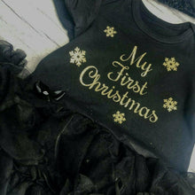 Load image into Gallery viewer, &#39;My First Christmas&#39; Baby Girl Tutu Romper With Matching Bow Headband, Gold Glitter Text
