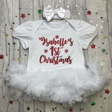 Load image into Gallery viewer, Baby Girl’s Personalised 1st Christmas White tutu romper with matching bow headband, Red Glitter Snowflake Design
