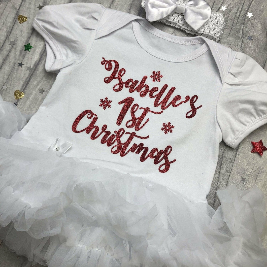 Baby Girl’s Personalised 1st Christmas White tutu romper with matching bow headband, Red Glitter Snowflake Design