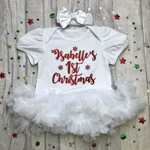 Load image into Gallery viewer, Baby Girl’s Personalised 1st Christmas White tutu romper with matching bow headband, Red Glitter Snowflake Design
