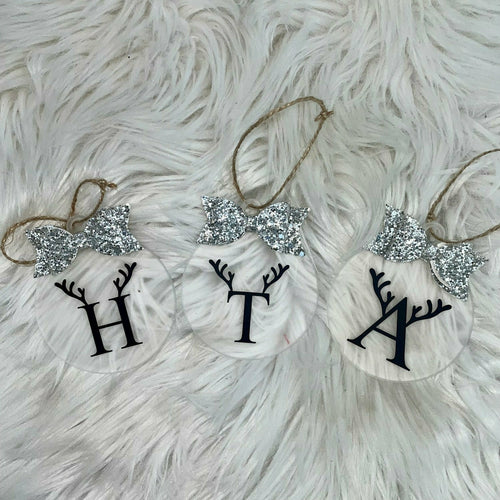 Personalised Initial & Reindeer Antlers Christmas Bauble with Glitter Bow, Flat Christmas Decoration