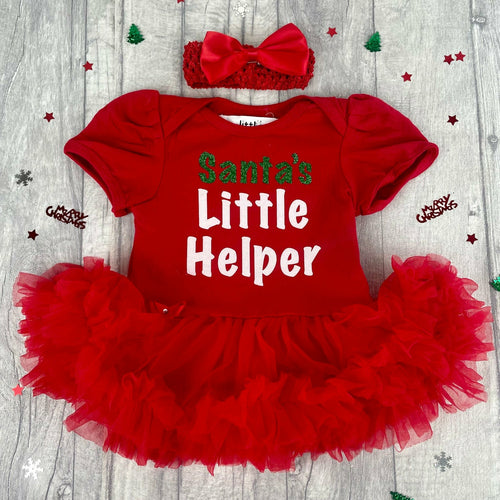 Santa's Little Helper Baby Girl Tutu Romper With Matching Bow Headband, Christmas