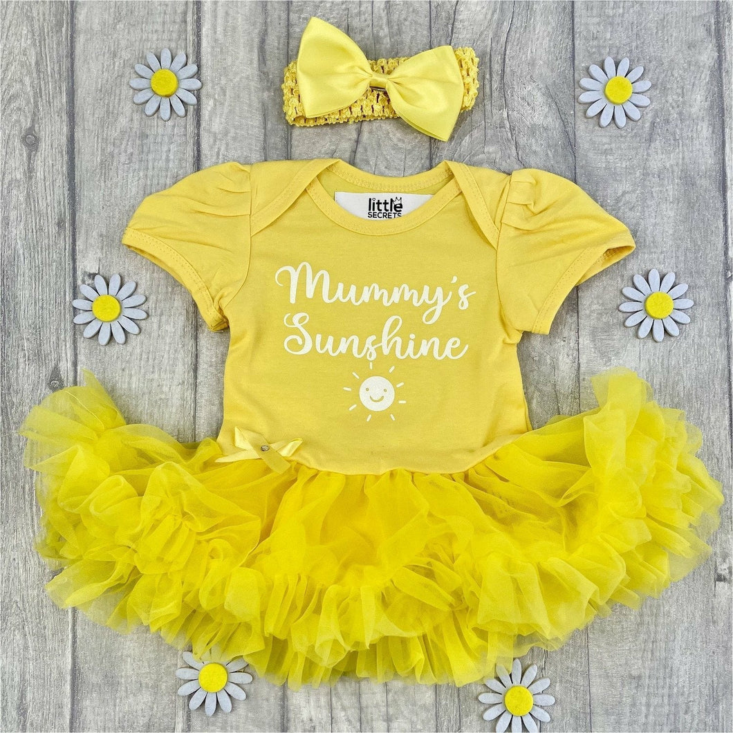 'Mummy's Sunshine' Baby Girl Tutu Romper Dress With Matching Bow Headband, Sun Design