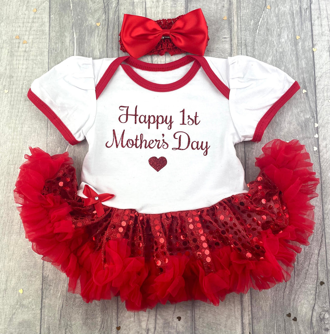 Happy 1st Mother's Day Baby Girl Sequin Tutu Romper With Headband - Little Secrets Clothing