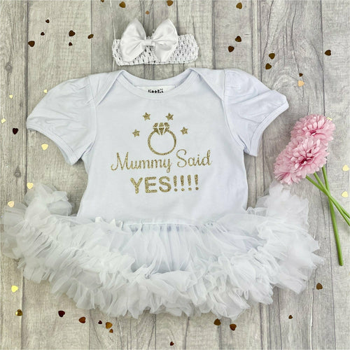 'Mummy Said Yes!' Baby Girl Tutu Romper With Matching Bow Headband, Wedding Engagement Announcement Gift