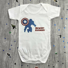 Load image into Gallery viewer, &#39;Newest Avenger&#39; Captain America Newborn Baby Boy Short Sleeve Romper, Marvel Superhero
