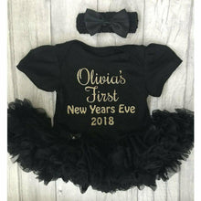 Load image into Gallery viewer, First New Year&#39;s Eve 2023 Personalised Baby Girl Tutu Romper With Matching Bow Headband
