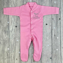 Load image into Gallery viewer, First Christmas Baby Boys &amp; Girls Sleepsuit, Personalised Silver Star Christmas Pyjamas
