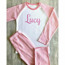 Load image into Gallery viewer, Personalised pink and white girls Pyjamas with pink glitter text
